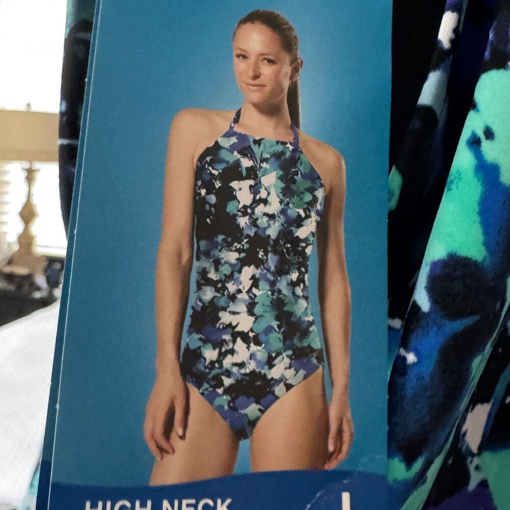 NWT Speedo Women's One Piece Swimsuit -Size Large UPF 50+ High neck keyhole blue - Picture 5 of 6